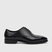 Fabino Men's black leather lace-up dress shoe, M3220205, with brogue detailing and a polished finish, presented in a side