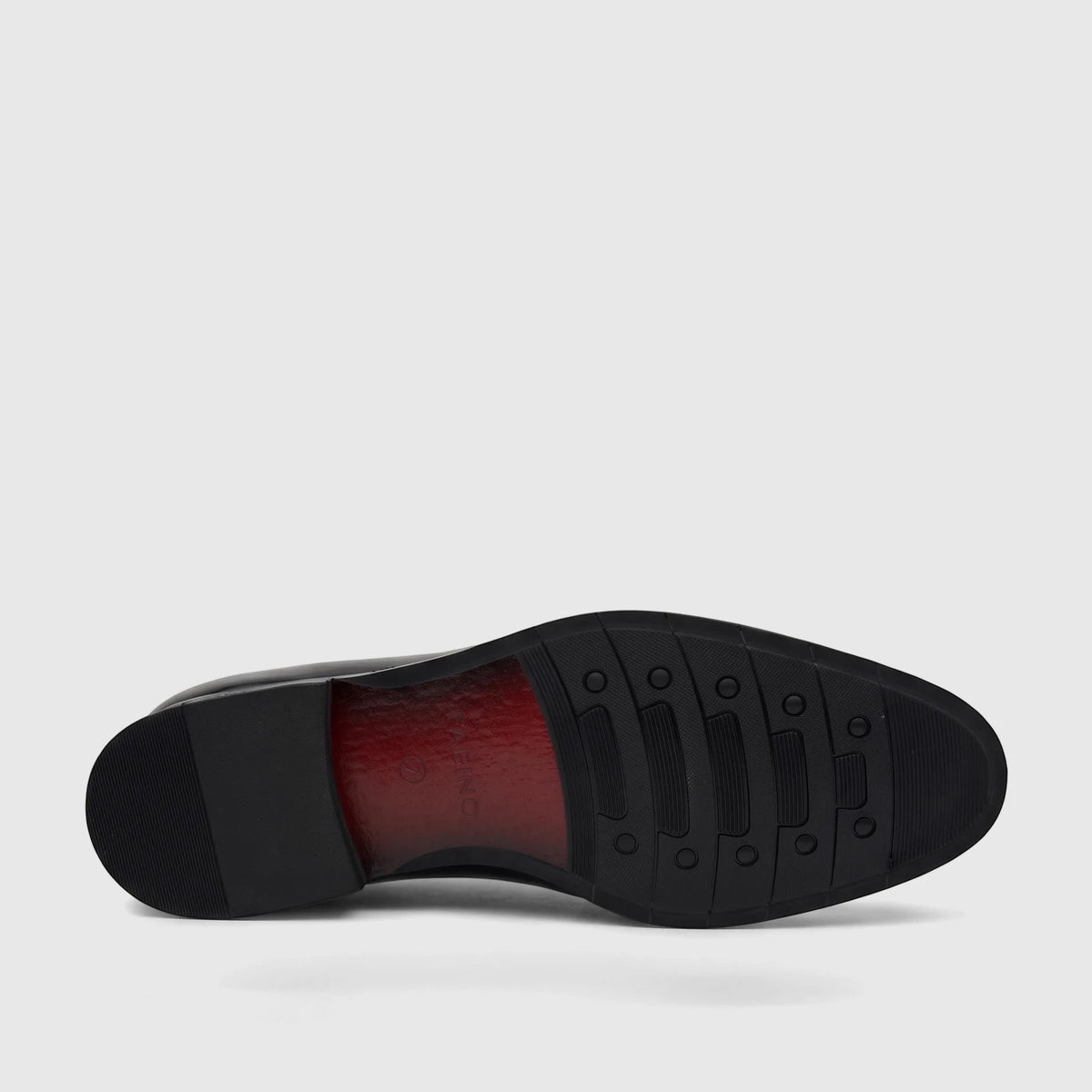 Underside view of a Fabino Men's Black Patent Leather Dress Lace Up Shoe M3220208, showing the textured black sole and red