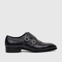 A black leather men's Fabino double monk strap dress shoe, featuring silver buckles and intricate brogue detailing,