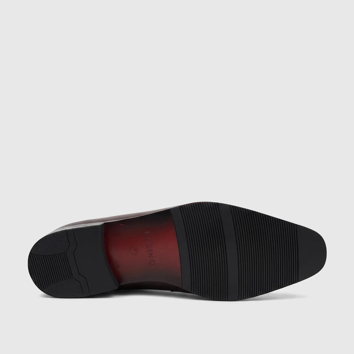 Fabino Men's Coffee Dress Leather Lace Up shoe, sole view showing black rubber sole with red accent and branding.