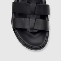 Front view of a black Fabino Men's Leather Comfort Sandal with thick leather straps and stitched sole, for everyday wear.