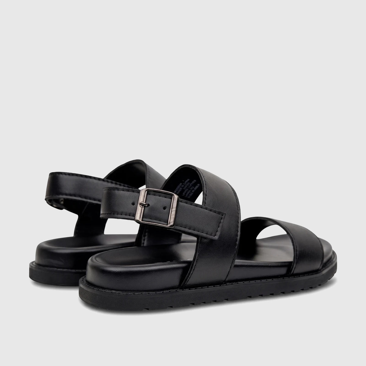 Black leather Fabino men's comfort sandals with thick soles and a buckle closure, presented from a side view.