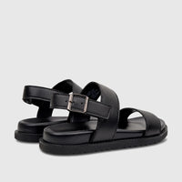 Black leather Fabino men's comfort sandals with thick soles and a buckle closure, presented from a side view.