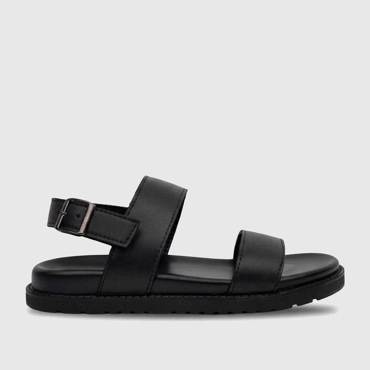 Black Fabino men's leather comfort sandals with adjustable buckle strap, shown from a side profile against a white