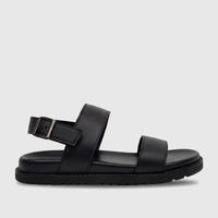 Black Fabino men's leather comfort sandals with adjustable buckle strap, shown from a side profile against a white