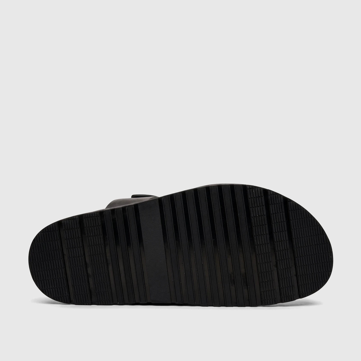 Fabino Men's Leather Comfort Sandal in black, viewed from the bottom to show the textured sole.