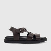 Fabino Men's Leather Comfort Sandal, dark brown, with a silver buckle and thick black sole, presented in a side profile view.