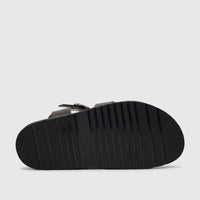 Fabino Men's Leather Comfort Sandal M3220235 Brown, displaying its ridged black sole from a side and bottom perspective with