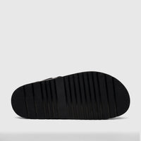 Black Fabino men's leather comfort sandal, style M3220236, shown from the bottom view highlighting its ribbed sole pattern.