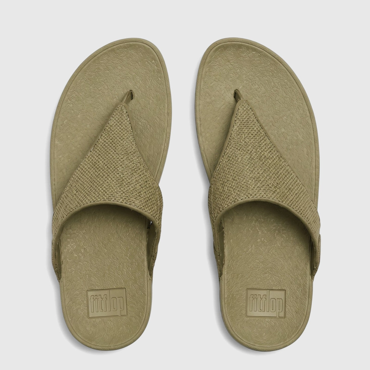 Top-down view of a pair of deep olive Fit Flop Lulu Shimmerglitz ladies comfort sandals, designed for comfort.