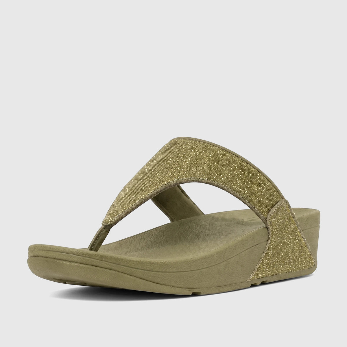 Deep olive green Fit Flop Lulu Shimmerglitz comfort sandal, featuring a thong-style design and textured upper strap.