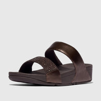 Chocolate brown Fit Flop Ladies Comfort Slide Sandal Lulu with crystal embellished strap, seen from a side profile.