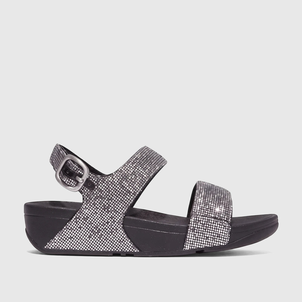 Silver Fit Flop Lulu Glitterball back strap comfort sandals with adjustable buckle, black sole, and two glittery foot straps.