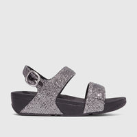 Silver Fit Flop Lulu Glitterball back strap comfort sandals with adjustable buckle, black sole, and two glittery foot straps.