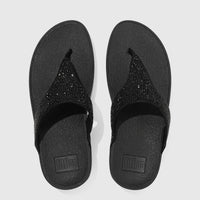 Black Fit Flop Lulu Crystal Embellished comfort sandals. Overhead flat-lay view showing sparkling crystals on textured