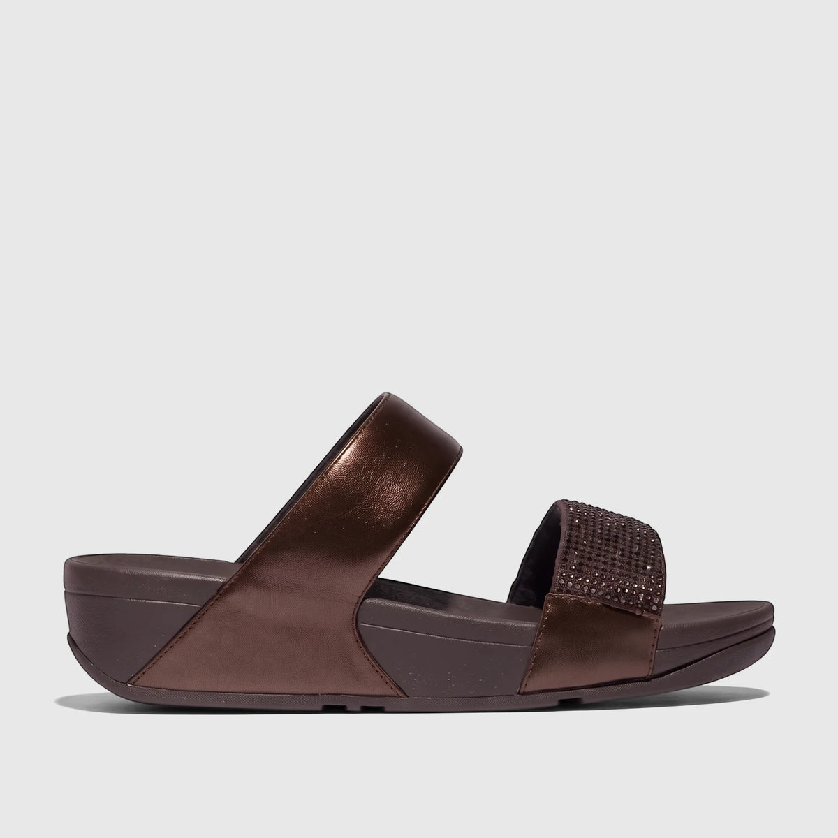 Fit Flop Lulu Crystal Embellished Slide Comfort Sandals for ladies, in a rich chocolate brown color.