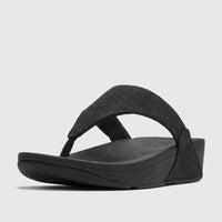 Black Fit Flop Lulu Shimmerglitz comfort sandal, a ladies flip-flop style shoe, photographed on a white background.