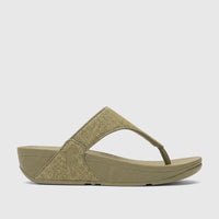Deep olive Fit Flop Lulu Shimmerglitz comfort wedge thong sandal, featuring sparkling shimmer straps, shown in a side