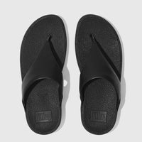 Black FitFlop Lulu leather comfort sandals, viewed from directly above, featuring thick thong straps and contoured footbeds.