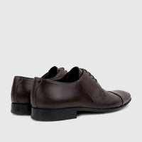 Florsheim Imperial Men's Lace Up Palu 2 Tone chocolate brown dress shoes with textured and smooth leather, rear-side view.