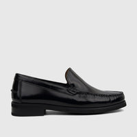 Florsheim Men's Berkley Flex Venetian slip-on loafer in glossy black leather, shown in a side profile view.