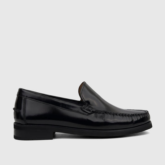 Florsheim Men's Berkley Flex Venetian slip-on loafer in glossy black leather, shown in a side profile view.