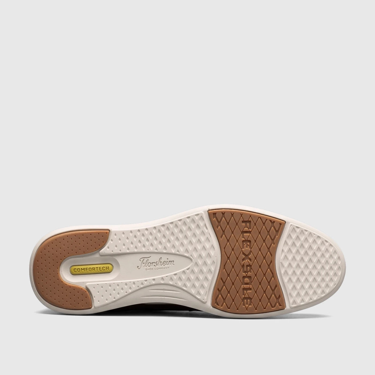 Florsheim men's Launch Elastic Lace Slip On shoe sole, dark brown and off-white, showcasing 'Flexsole' and 'Comfortech'