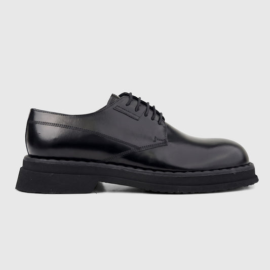Black Formale men's leather chunky sole lace-up shoe with a hi-shine finish, shown in a side profile.