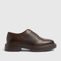 Brown Formales leather chunky sole lace-up oxford shoe with pebbled and smooth textures, shown from a side view.