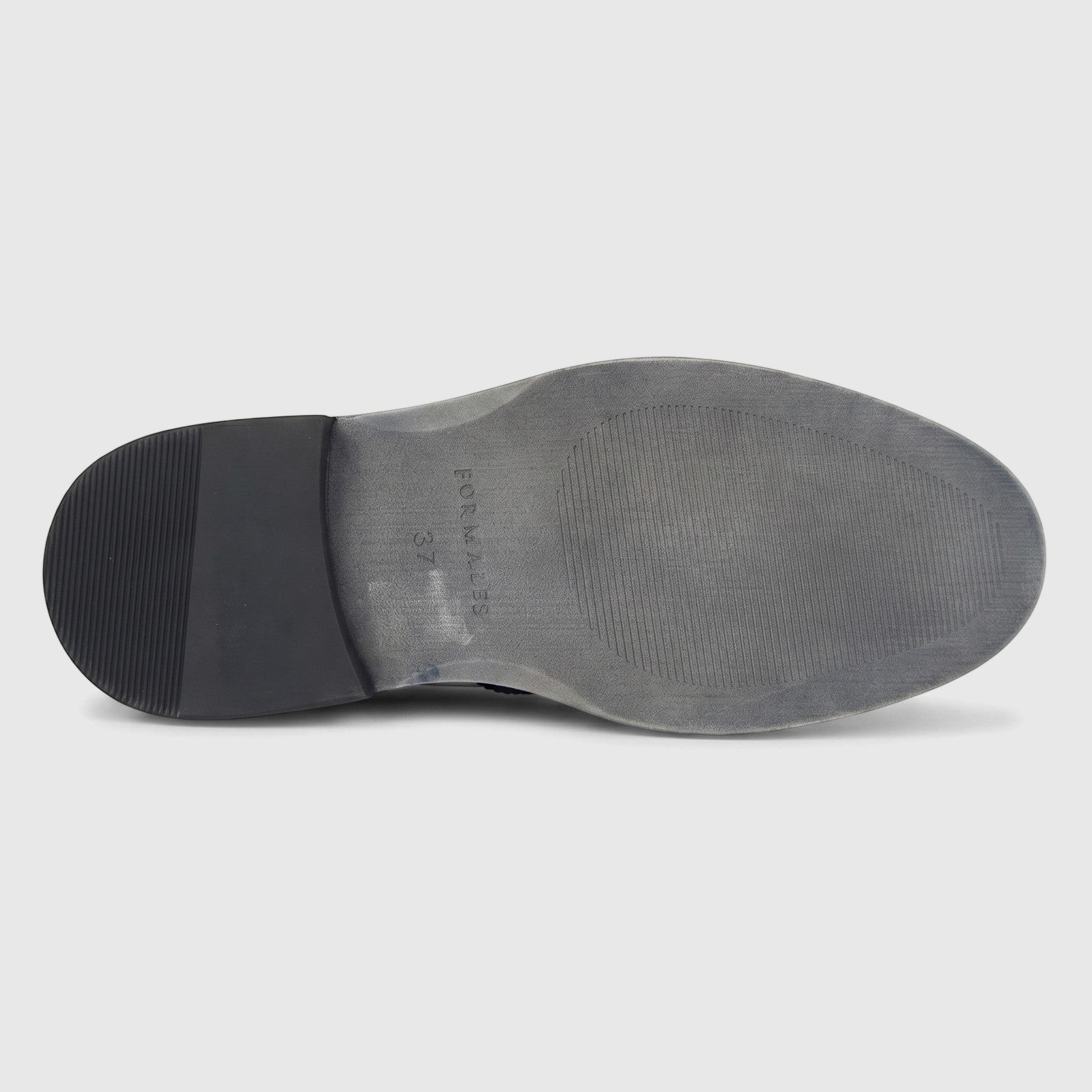 Sole of Formales Ladies Leather Full Brogue Wingtip Lace Up shoe in black and gray, showing branding and size.