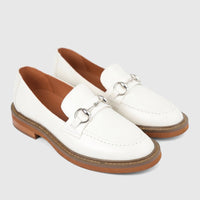 A pair of Formales Ladies Leather Loafer FD265016 in off-white, featuring silver-tone horsebit hardware.