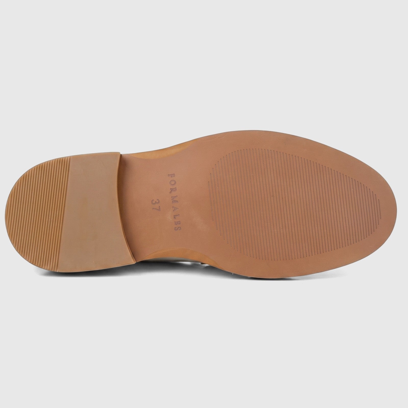 Formale ladies leather loafer, sole view, featuring a tan brown rubber outsole with grip patterns and brand lettering.