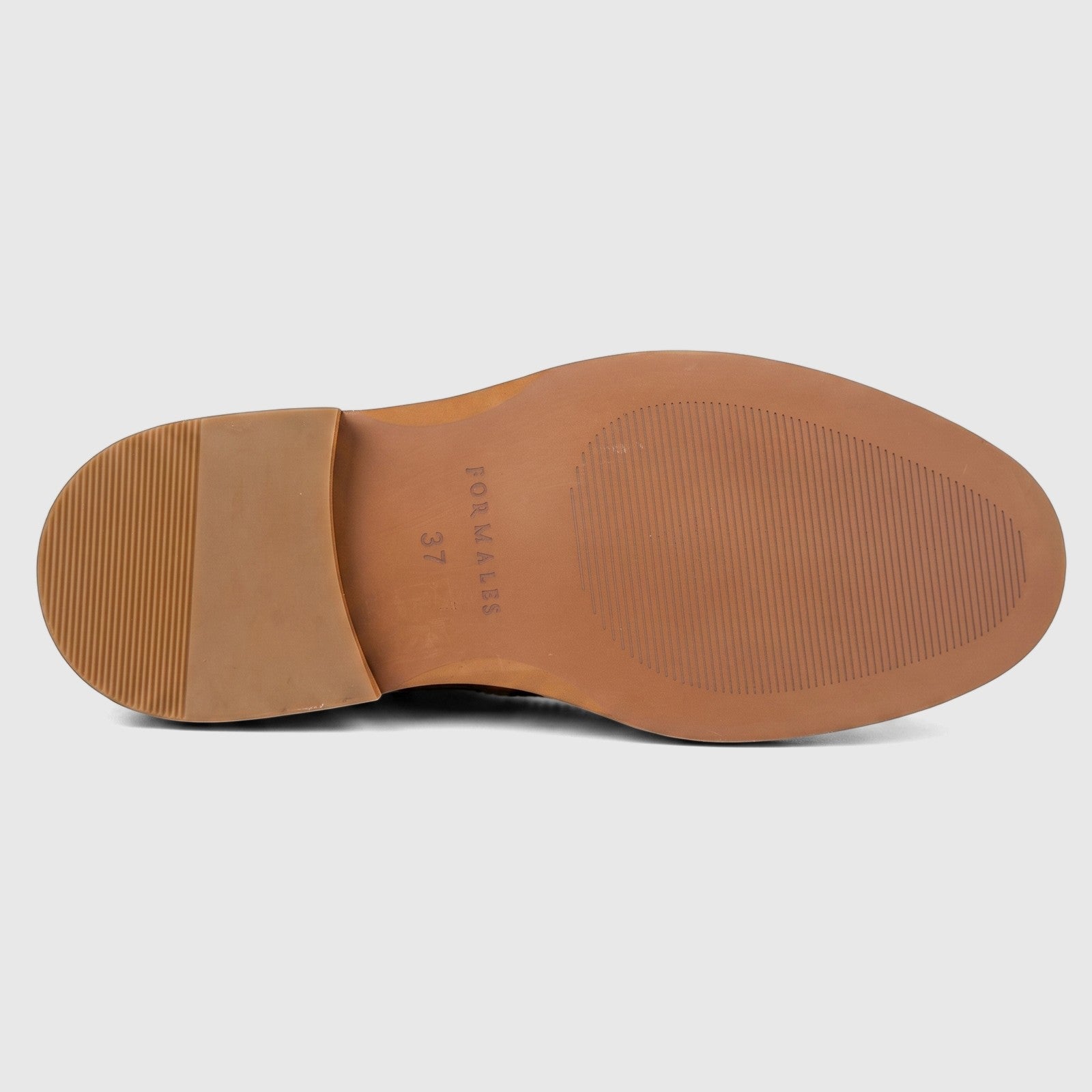 Bottom view of a Formales ladies' leather shoe sole, showing brown ribbed texture and size 37 markings.