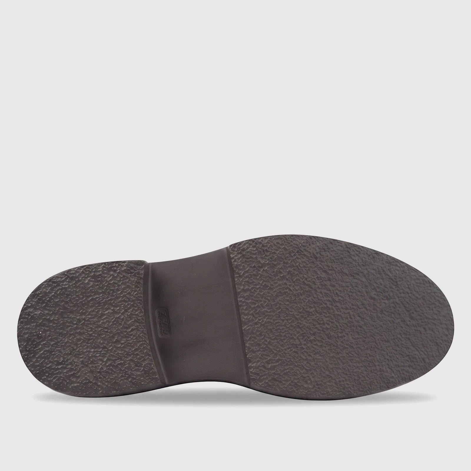 Bottom view of a brown Formales leather chunky sole lace-up oxford shoe, showcasing the textured rubber sole.