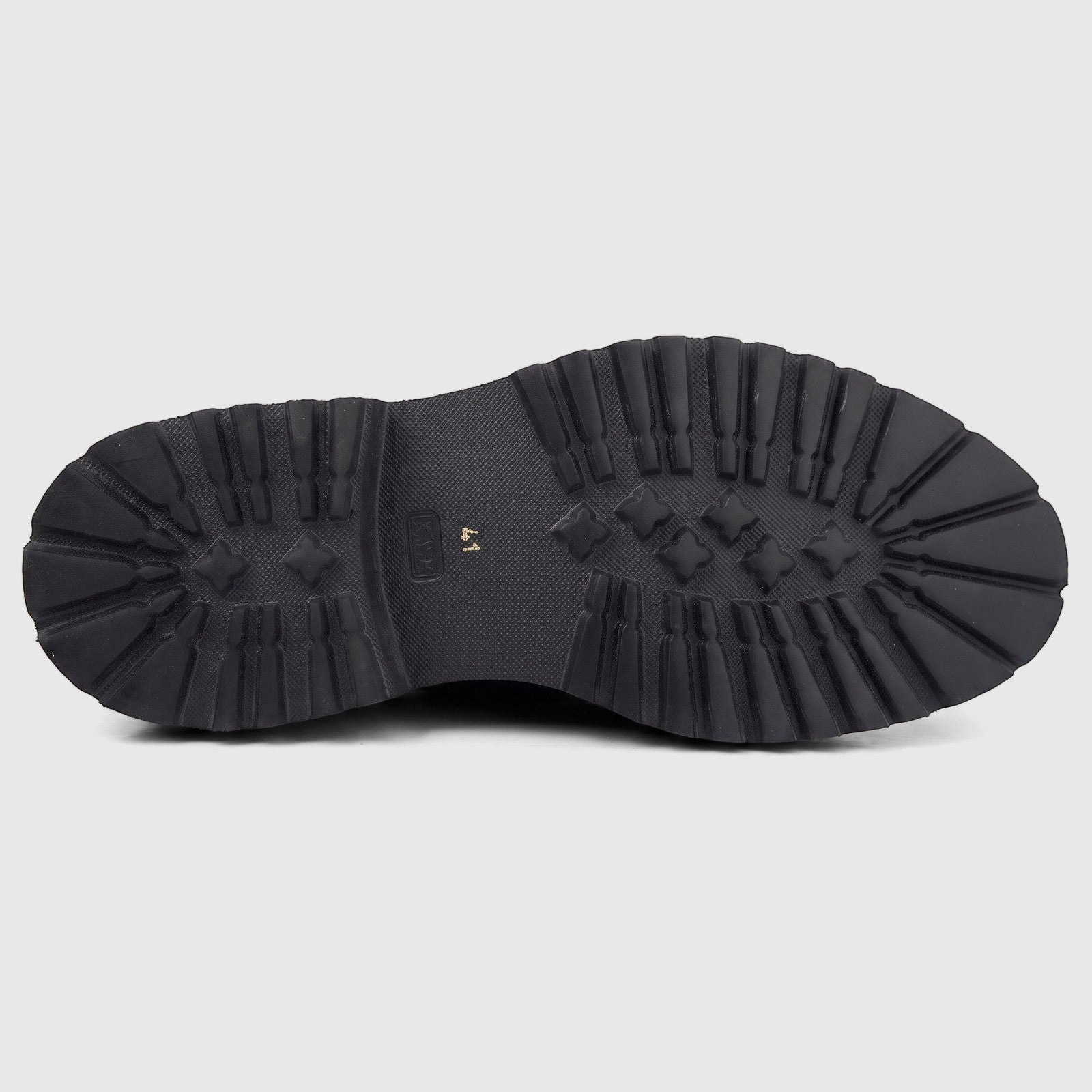 Bottom view of a black Formales Men's chunky lug sole, showcasing its textured pattern and '41' size mark.