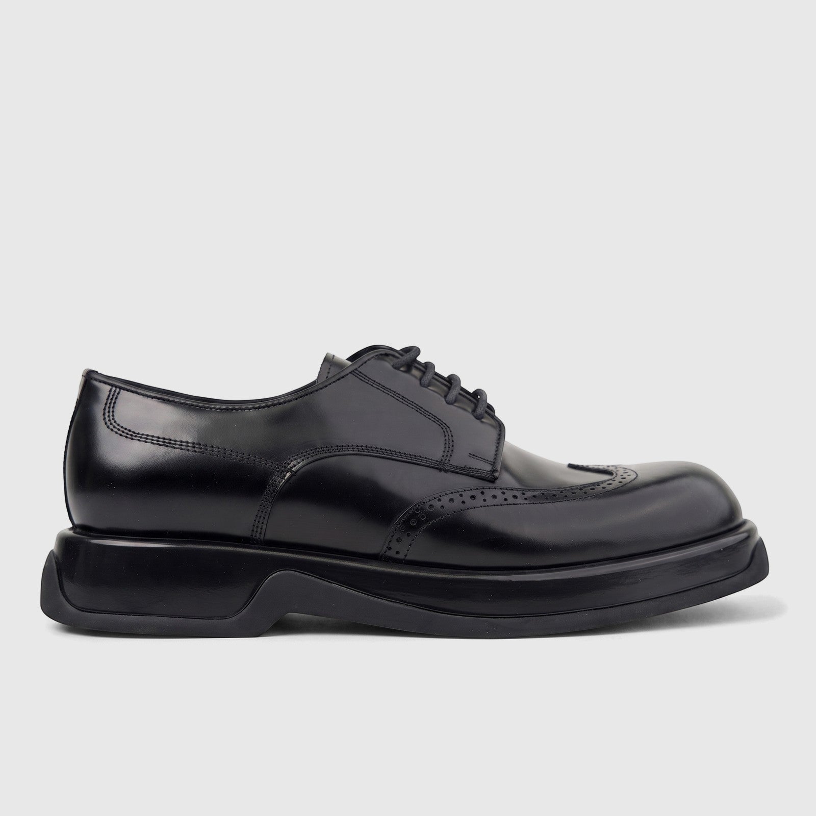 Formales men's black hi-shine leather chunky sole lace-up formal shoe, side view, showing detailed brogue perforations.