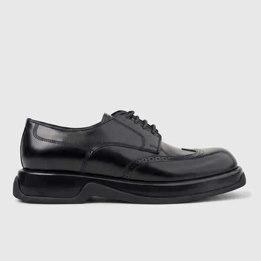 Formales men's black hi-shine leather chunky sole lace-up formal shoe, side view, showing detailed brogue perforations.