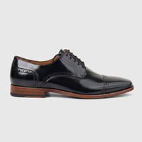 Formales Men's black leather cap-toe lace-up dress shoe with brogue detailing and a stacked wooden heel, side view.