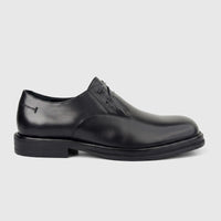 Black leather men's formal dress shoe with a chunky sole and subtle lacing, presented in a side profile view.