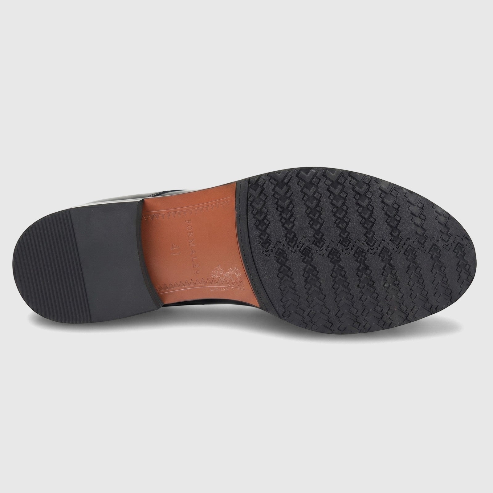 Formales men's black leather chunky sole lace-up shoe, showing the detailed sole with brand name and size markings.