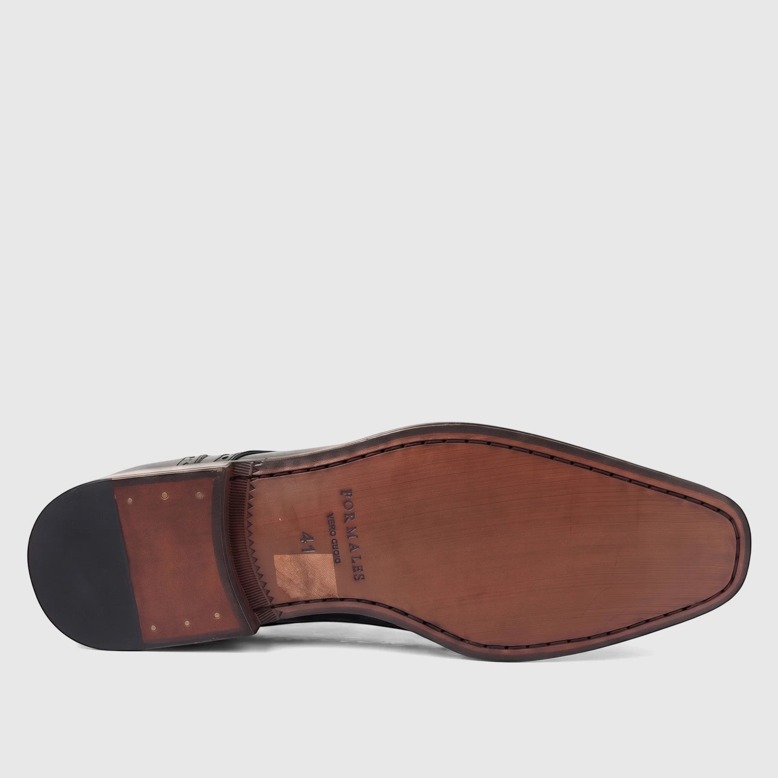Underside view of a Formales men's black leather dress shoe, showcasing the brown leather sole with embossed branding.