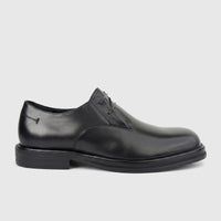 Black leather lace-up dress shoe for men, featuring a sleek design and chunky sole, displayed in a side profile.