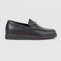Formales Men's Black Leather Loafer FT268007 with a chunky sole and silver-toned chain detail, viewed in profile.