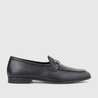 Formales Men's Black Leather Loafer with a metal chain detail on the vamp, photographed from a side view.