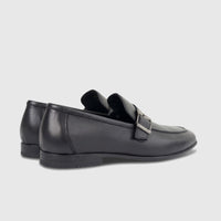 Formales Men's black leather loafer with a metal buckle, shown from a side view, suitable for formal wear.