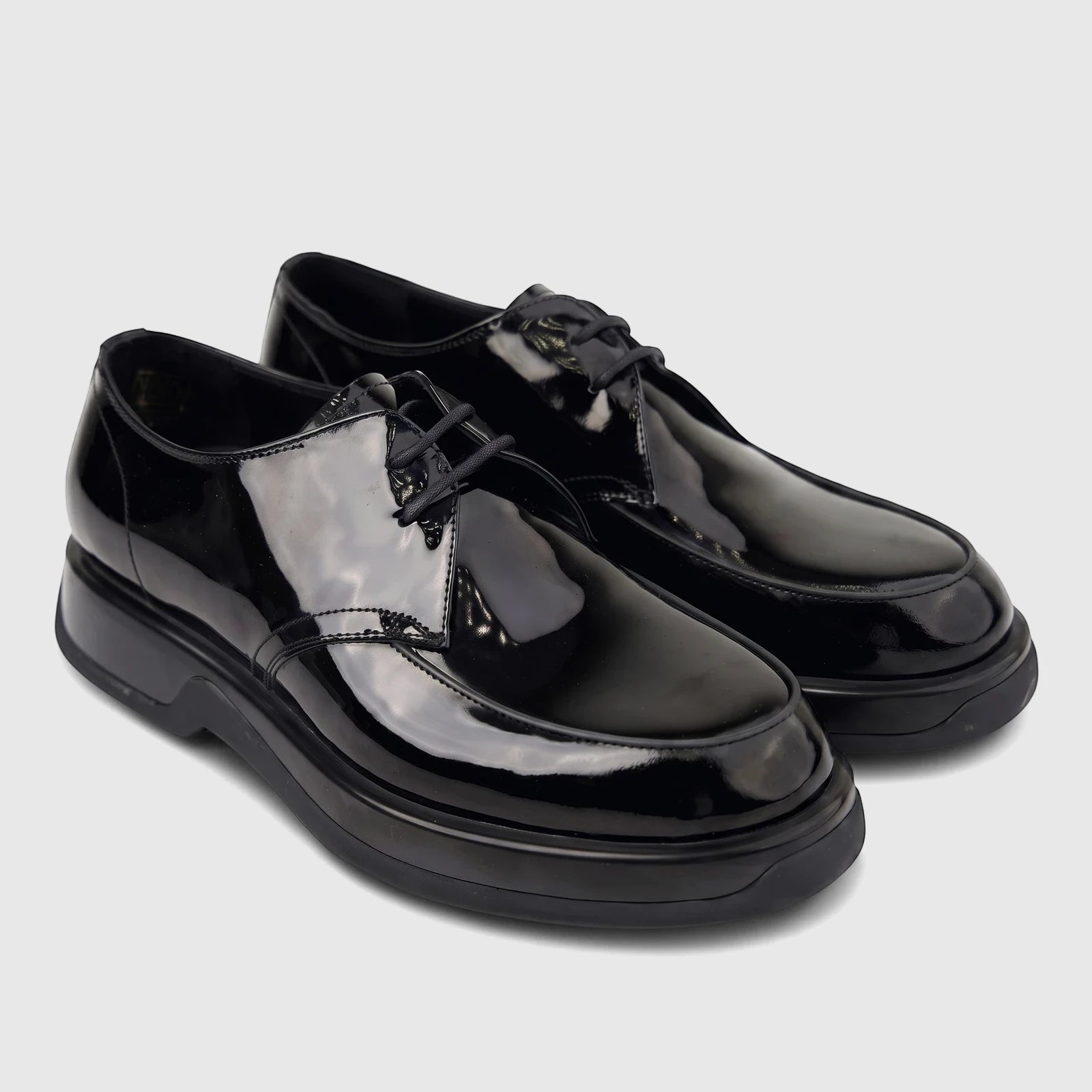 Men's Formale black patent leather chunky sole lace-up shoes displayed on a plain background.