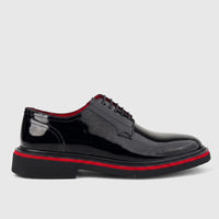 Formales Men's black patent leather lace-up shoe with a chunky red-striped sole, side view.