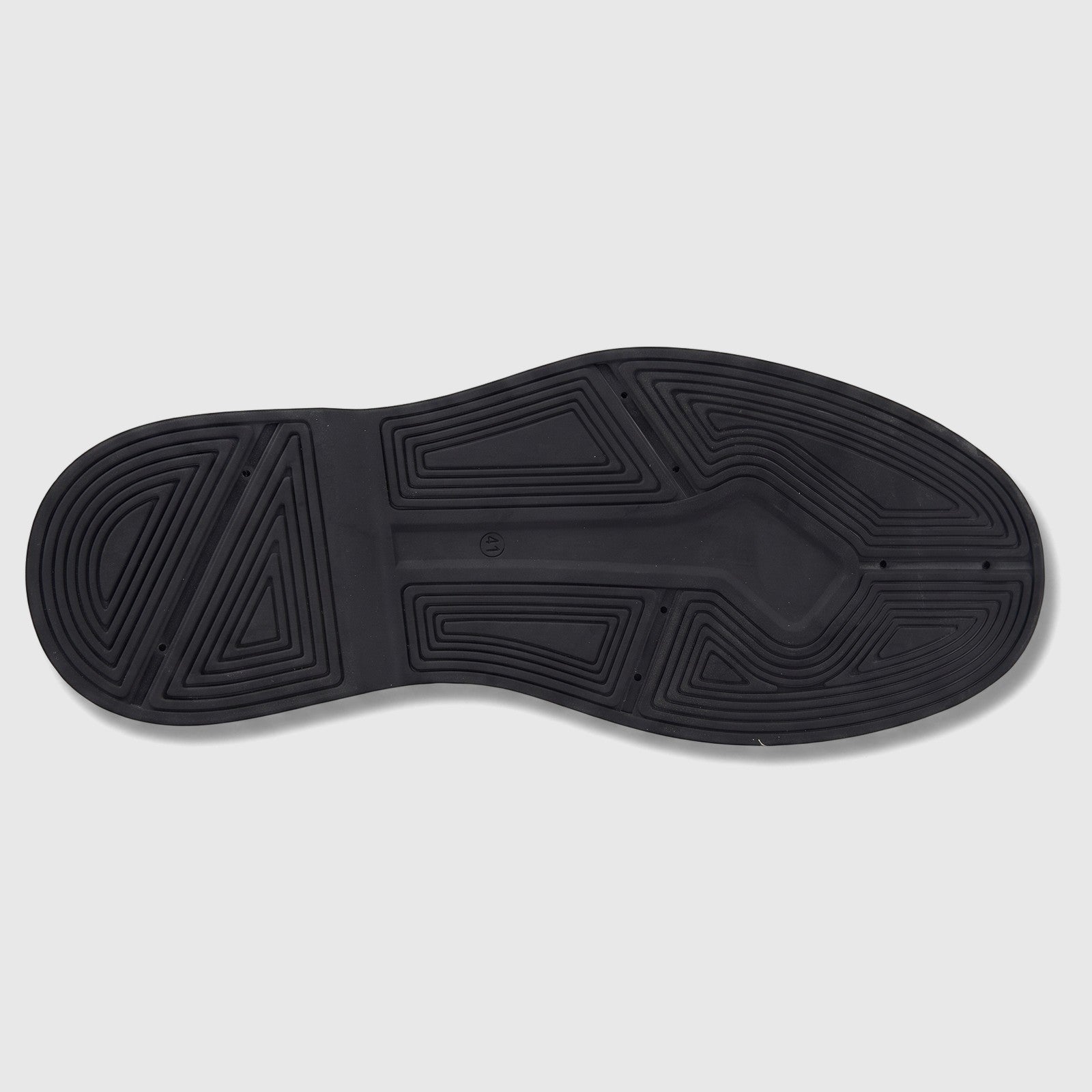 Bottom view of Formales Men's black patent leather shoe, showcasing the chunky rubber sole with geometric tread pattern and