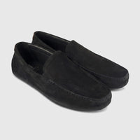 Formales Men's black suede leather loafers with detailed stitching and elastic inserts on a white background.