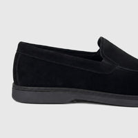 Close-up side view of a black suede Formales men's loafer, showcasing the stitching details and black sole.